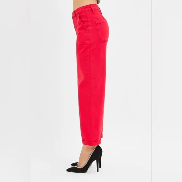 Risen High Rise Ankle Cuffed Barrel Jeans Scarlet Red Stretch Various NEW Ankle & Cropped